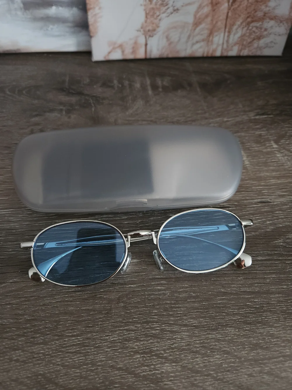 Oval Blue Lens Sunglasses with Silver Frame